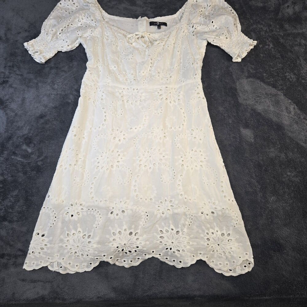 7 For All Mankind White Eyelet Dress Small Puff Sleeve Cottagecore Babydoll